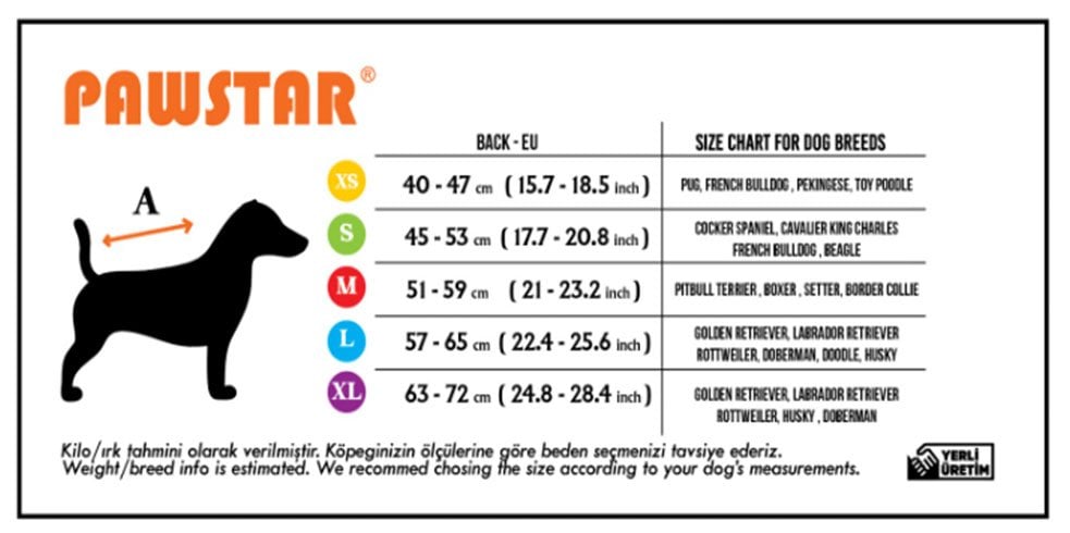 PawStar Koyu Gri Colombia Yağmurluk XSMALL beden tablosu